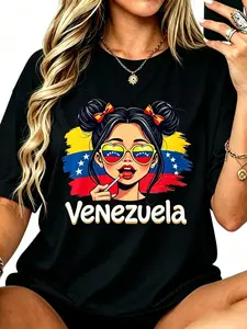 Women's Venezuelan Pride Graphic T-Shirt, Soft Cotton Messy Bun Top with Short Sleeves and Round Neck for Latina Girls