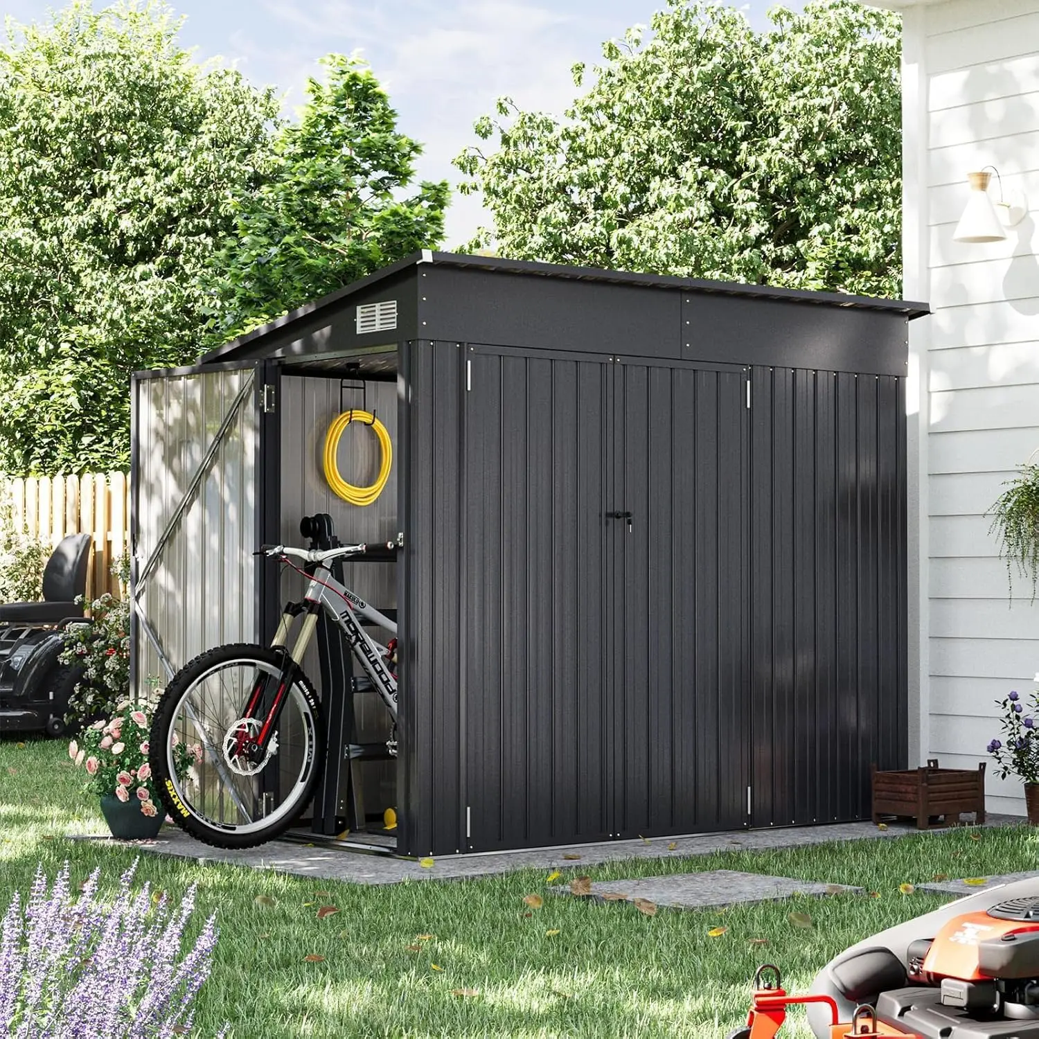 Aoxun 7.5x4ft Heavy Duty Metal Garden Shed Enclosure, Triple Lockable Door, Rainproof Sunproof Light Grey Roof, Outdoor Storage, Compact Storage Solution for Bikes & Tools, Black Interlocking Deck Tiles