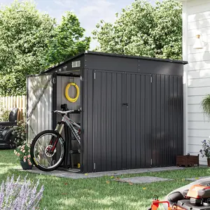 Aoxun 7.5x4ft Heavy Duty Metal Garden Shed Triple Lockable Door Outdoor Storage for Bikes Tools Patio Furniture Black Interlocking Deck Tiles Light Grey Rainproof Sunproof Roof