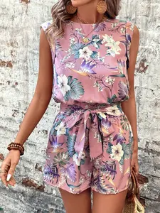2026 New Floral Print Set, Elegant Tie Waist Shorts Set, Perfect for Summer Vacation and Daily Wear, Stylish and Comfortable