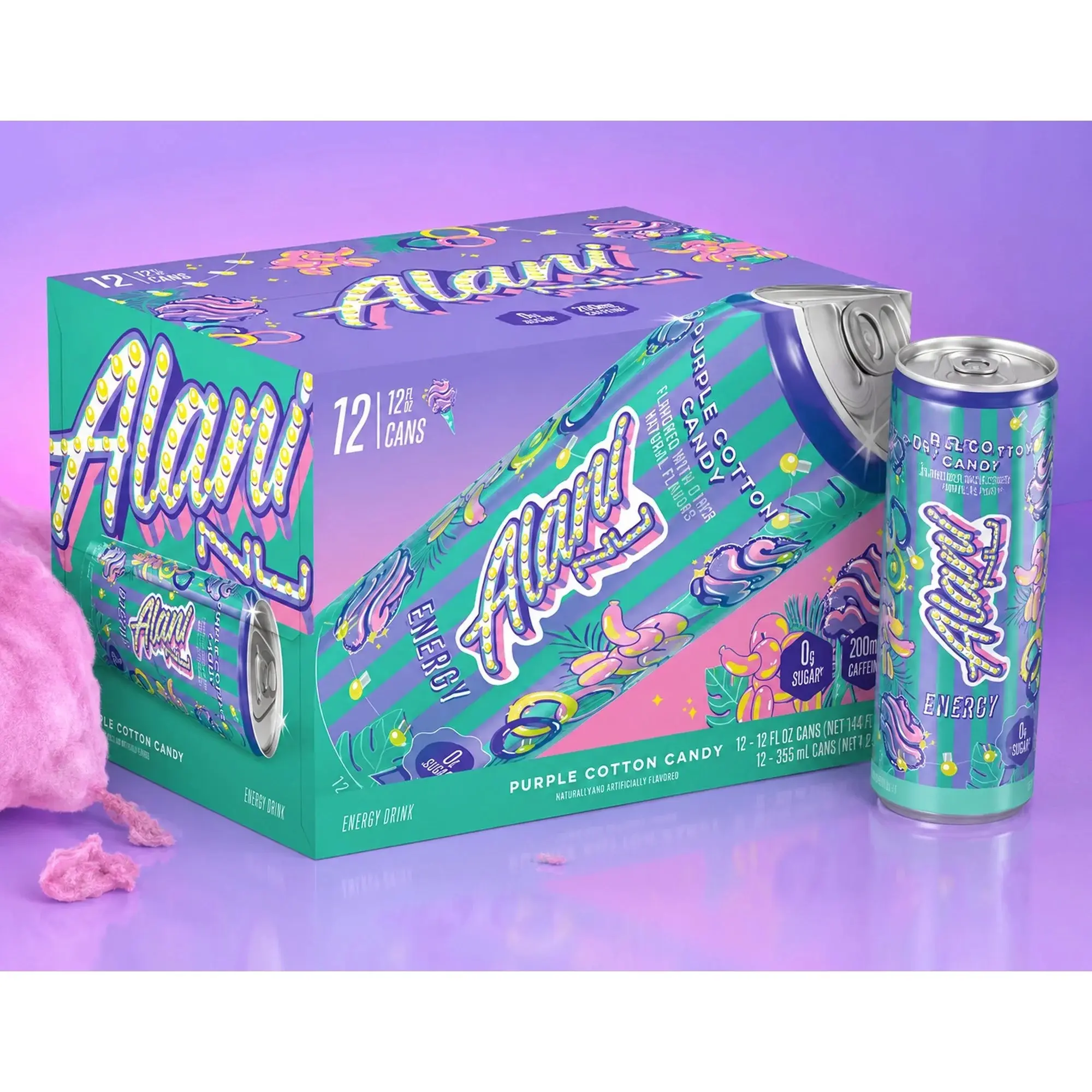 Alani Nu Purple Cotton Candy Natural Energy Drink, 12-Pack 12 fl oz Cans, 0 Sugar (Sugar Free), No Sucralose, 200mg Caffeine