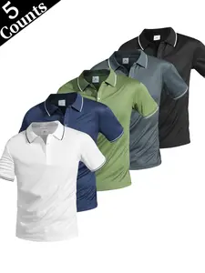 Pack of 5 men’s polo shirts featuring contrast trim at the collar and sleeves; quick-drying, breathable, stretchy, slim fit; turn-down short sleeves; contrasting line edging design; suitable for business casual and sporty wear; summer multi-color versatil