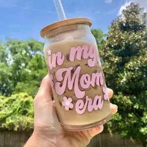 In My Mom Era Glass Jar with Straw and Lid, Pink Floral Design, Perfect for Drinks and Smoothies