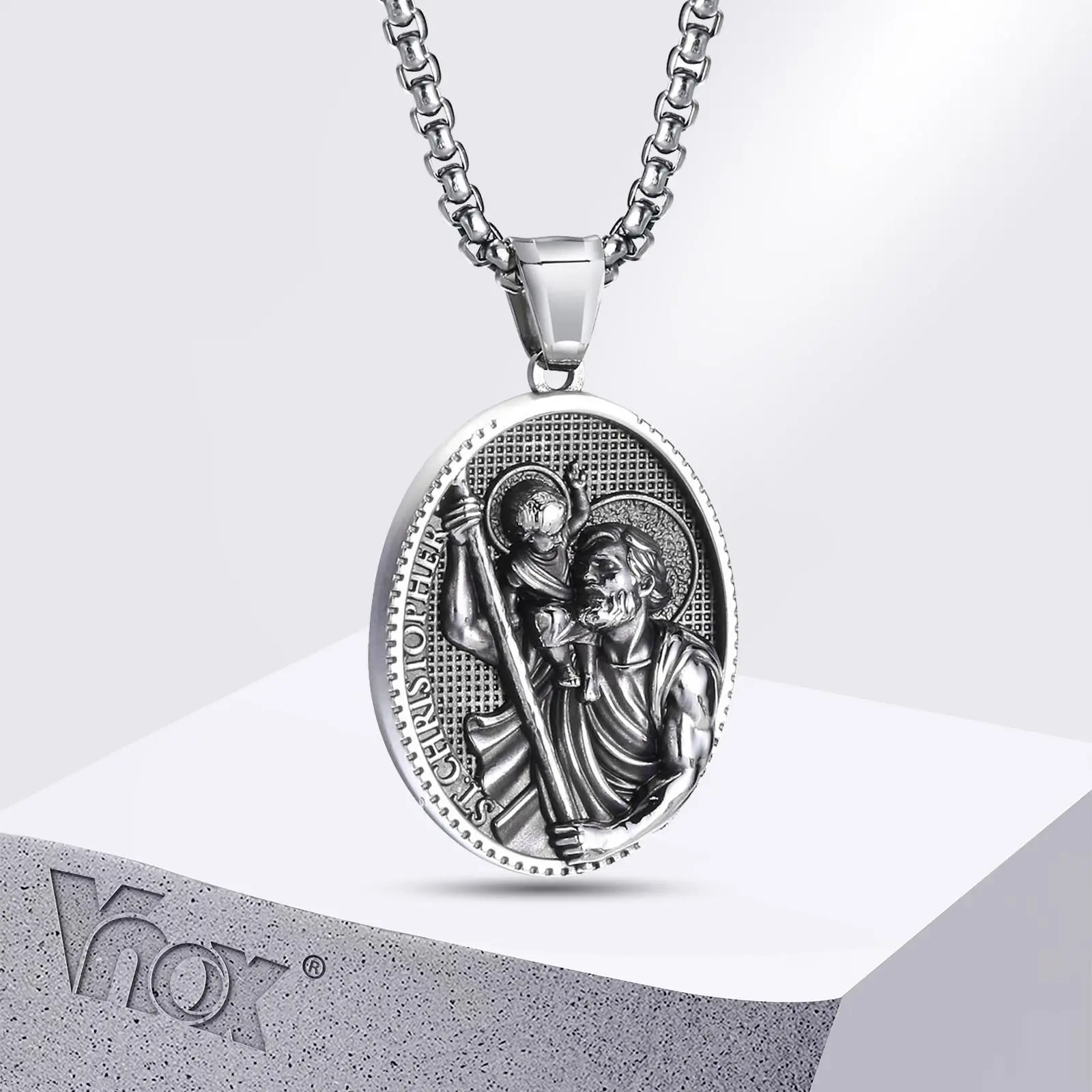 Vnox Stainless Steel Necklaces For Men Women Saint Christopher Elliptical Tag Black Pendant Classic Faith Jewelry Gifts