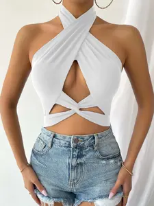 Summer Women's Twist Front Cut Out Backless Spaghetti Strap Top, Sexy Comfortable Swimsuit Cover-Up, Swimsuit Cover Ups, Perfect for Beach Days & Casual Outings