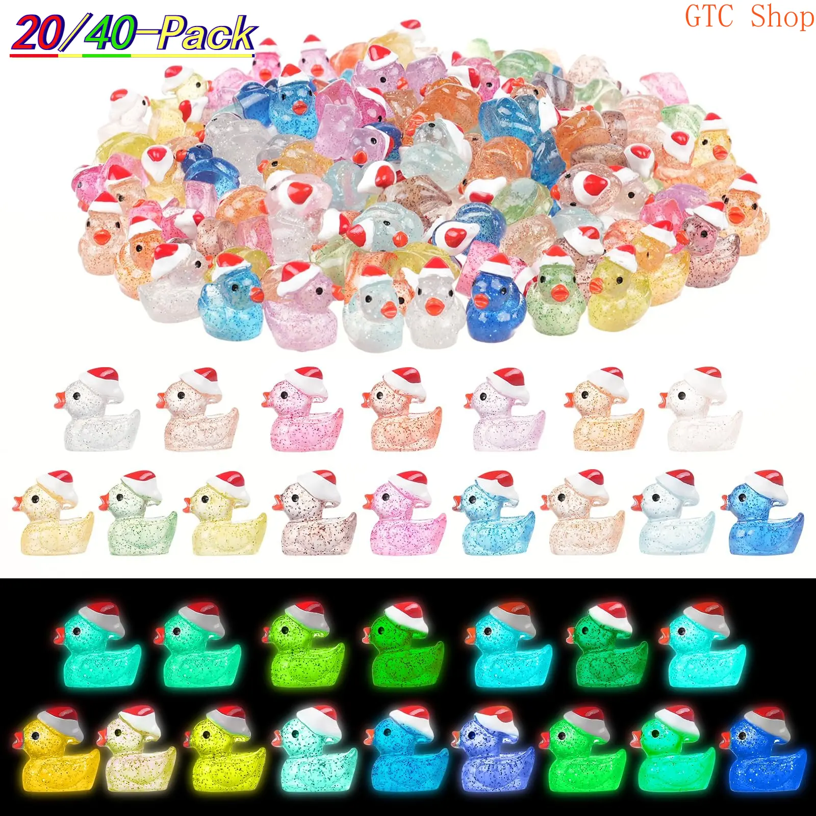 Christmas Mini Glitter Duck Figurine Set - Colorful Resin Tiny Duck Ornaments, Adorable Holiday Party Favors, Tabletop Decor, No Power Needed, Mini Gifts for Kids, Festive Home Accents for Xmas Parties