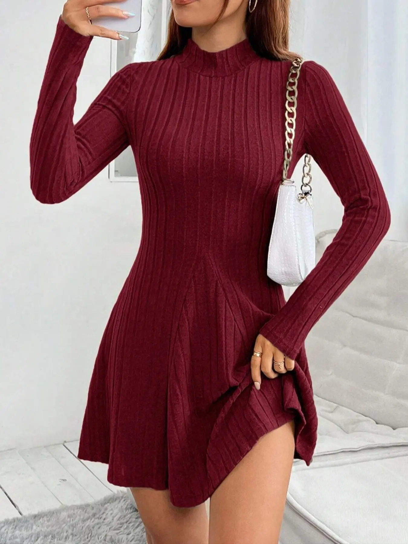 Autumn Winter Plain Knit Fitted Long Sleeve Dress, Waist Cinched A-Line Design, High Neck Vintage Elegance Style, Multiple Colors Available, Womenswear