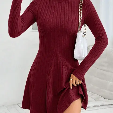 Autumn Winter Plain Soft Knit Fitted Dress, Waist Cinched A-Line Design, High Neck Vintage Elegance Style, Multiple Colors Available, Womenswear