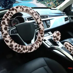 Fuzzy Steering Wheel Cover for Women Girls, Universal Fit 15 inch Fur Car Wheel Cover & Handbrake Cover & Gear Shift Cover Set, Fashion Leopard Winter Warm Fluffy Vehicle Wheel Protector