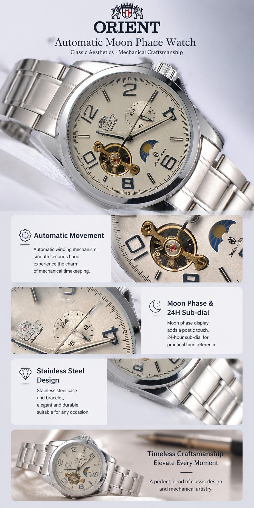 Orient Men Automatic Mechanical Watch, Open Heart Skeleton Dial, Moon Phase & 24-Hour Indicator, Stainless Steel & Leather Strap Options, Classic Business Casual Wristwatch, Luminous Numerals, Water Resistant Dress Watch for Men