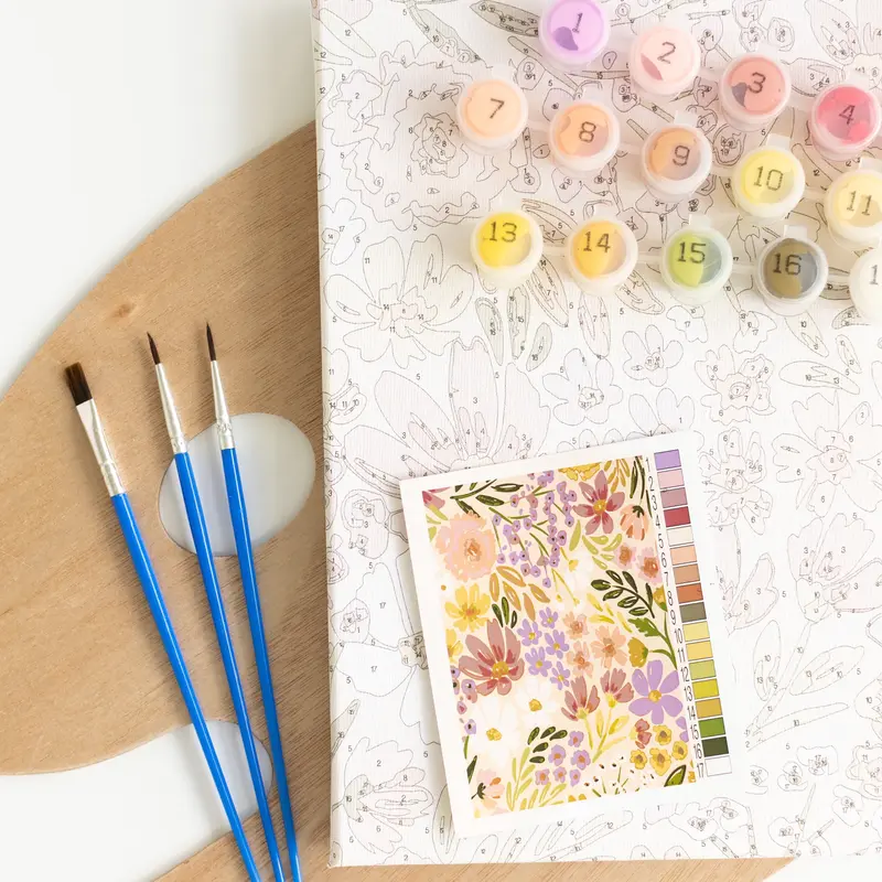 DIY Painting Supplies Paint By Numbers Kit - 8" x 10" Stretched Canvas with Wood Frame, Beginner-Friendly Guided Floral DIY Fun, 3 Brushes, 17 Acrylic Paint Pots