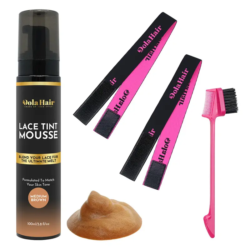 Dolahair 3.8oz Alcohol-Free Lace Tint Kit - Foaming Lightweight Spray, Mousse, Elastic Bands, Built-In Pump Bottle for Wig Install, Melting Result (Before/After Installation), Styling (Adult Females, All Hair Types, Medium/Dark Brown, 12 Months Use)