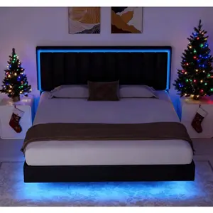 Floating Bed Frame With LED Light, Upholstered Platform Bed With PU Leather, Noise-Free, Easy Assembly, Full/ Queen/ King, Black/ White ( USB LED Strip)