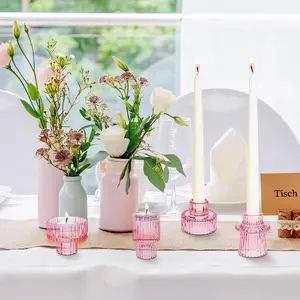 Bulk Set of 6 Pink Taper Votive Candle Holders for Pillar Candles, Tealight and Candlestick, Boho Ribbed Vintage Crystal Glass Table Centerpiece Decor