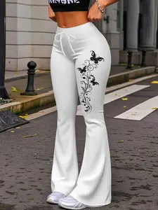 1 Piece, Casual Fashion Trousers, Unique Fashion Item for Women with Vine and Butterfly Design, Casual Slight Flare Cuffs, Yoga Jogging Sports PanSuitable for Street Wear and All Seasons