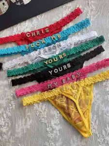 Women's DIY Rhinestone Lace Thong - Custom Metal Letter Design for Sparkling Allure