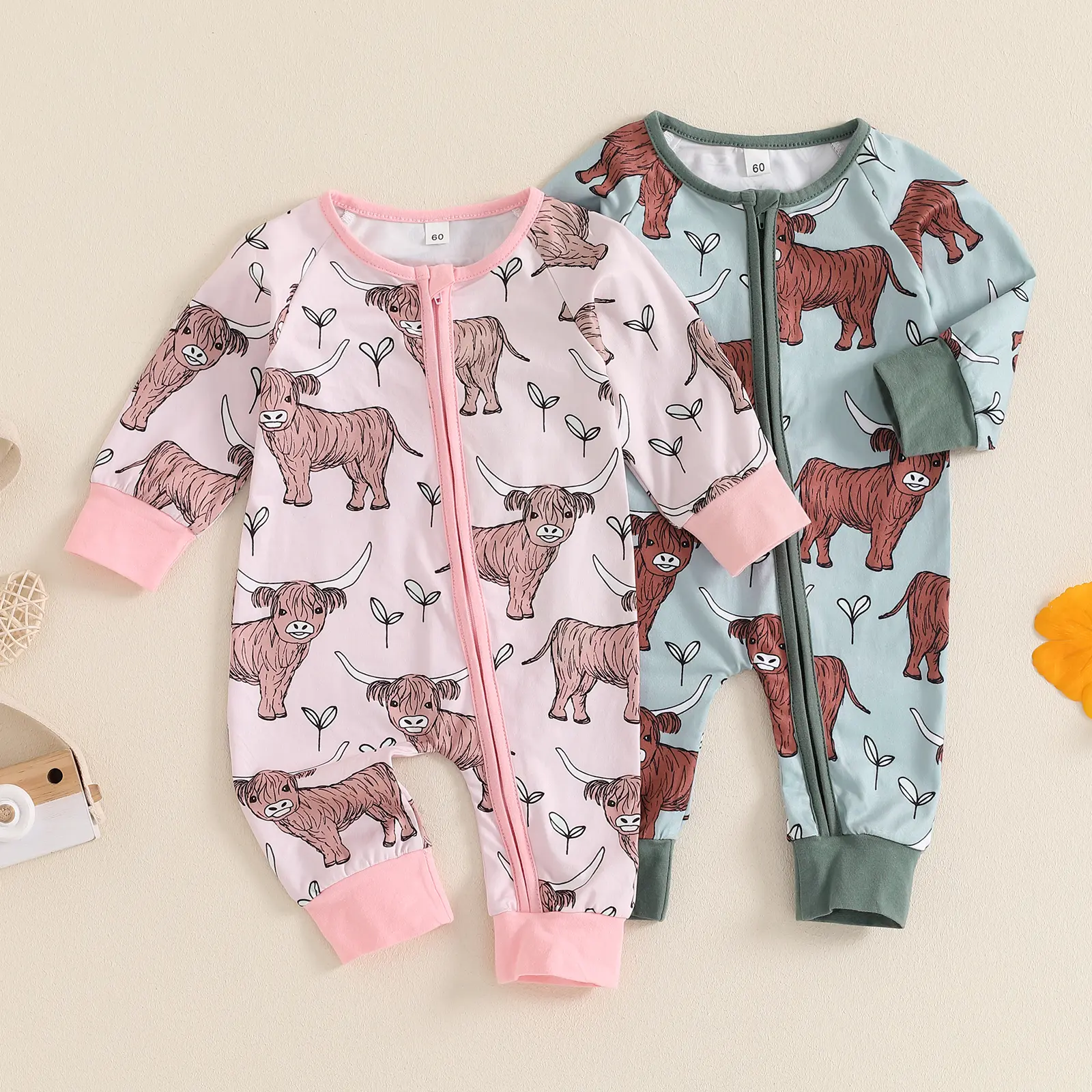 Canrulo Country Baby Clothes Boy Girl Western Highland Cow Print Long Sleeve Romper Zipper  Jumpsuit Spring Fall Outfit 0-12M