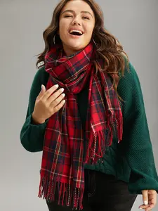 BLOOMCHIC Letter Patched Plaid Print Fringe Trim Scarf 2026 Spring Break Gift For Easter's Day Mother's Day