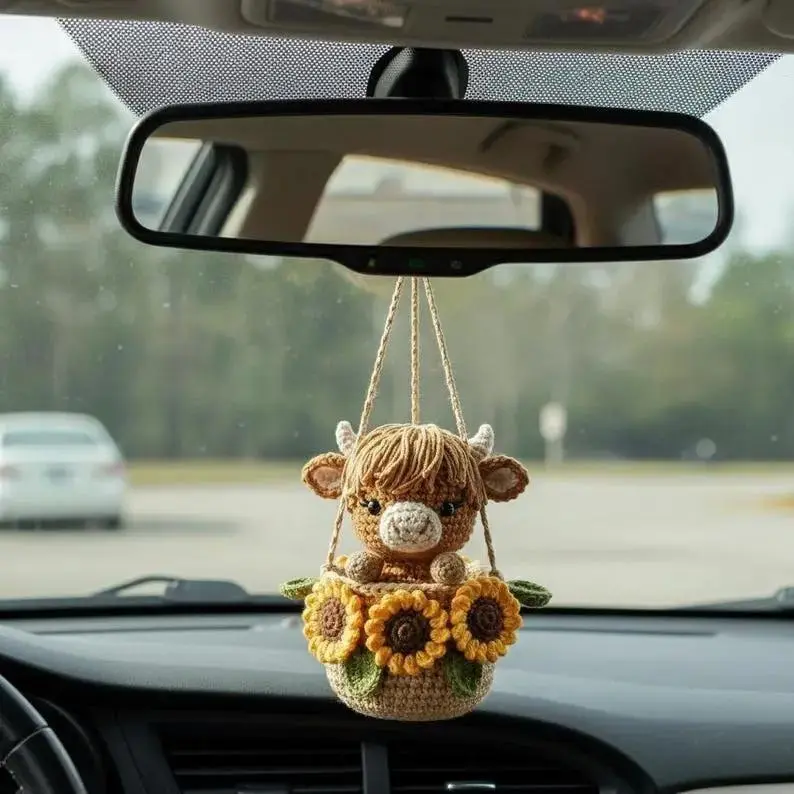 Highland Cow Crochet Car Hanging, Handmade Amigurumi Cow Car Charm, Sunflower Rear View Mirror Decor, Cute Gift