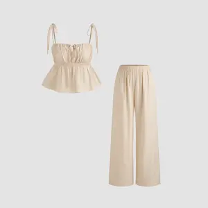 Cider [2 colors, size 0-10] Square Neck Striped Knotted Crop Cami Top With High Rise Striped Wide Leg Trousers