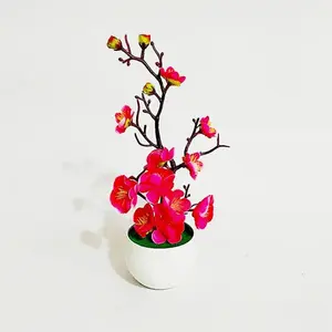Bonsai Silk Flowers Plum Blossoms Artificial Plant Fake Flowers Pot Flores Sakura Tree Branches Home Room Decoration (Red)