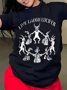 Women's Live Laugh Lucifer Round Neck Graphic Tee, Vintage Trendy Casual Short Sleeve T-shirt for Daily Wear, Ladies All Seasons Outfit, Halloween