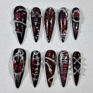 Gothic Vampire Press On Nails 3D Black Red Cross Chains Metal Charm