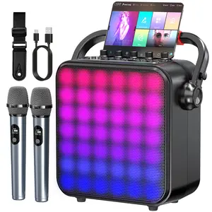 Karaoke Machine for Adults & Kids with Full-Screen LED Lights, Portable BT Speaker with 2 Microphones, Bass/Treble Adjustment, Supports TWS/FM/AUX/USB/TF Card for Home Party