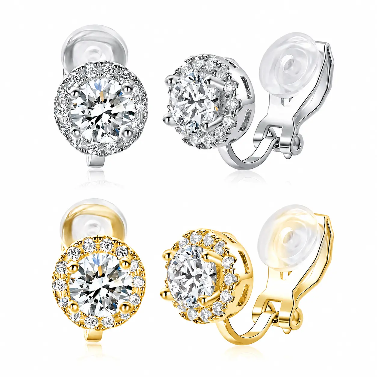 Clip On Cubic Zirconia Stud Earrings, Comfortable  Non Pierced Crystal CZ Earrings, Round  Diamond Look Earrings Jewelry Gift for Women Girls