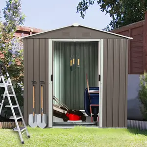 6 x 5 FT Outdoor Storage Shed, Metal Garden Shed with Floor Frame, Tool Shed Outdoor Storage with Lockable Sliding Doors & Window & Air Vents, Storage House Waterproof for Backyard, Lawn, Gray