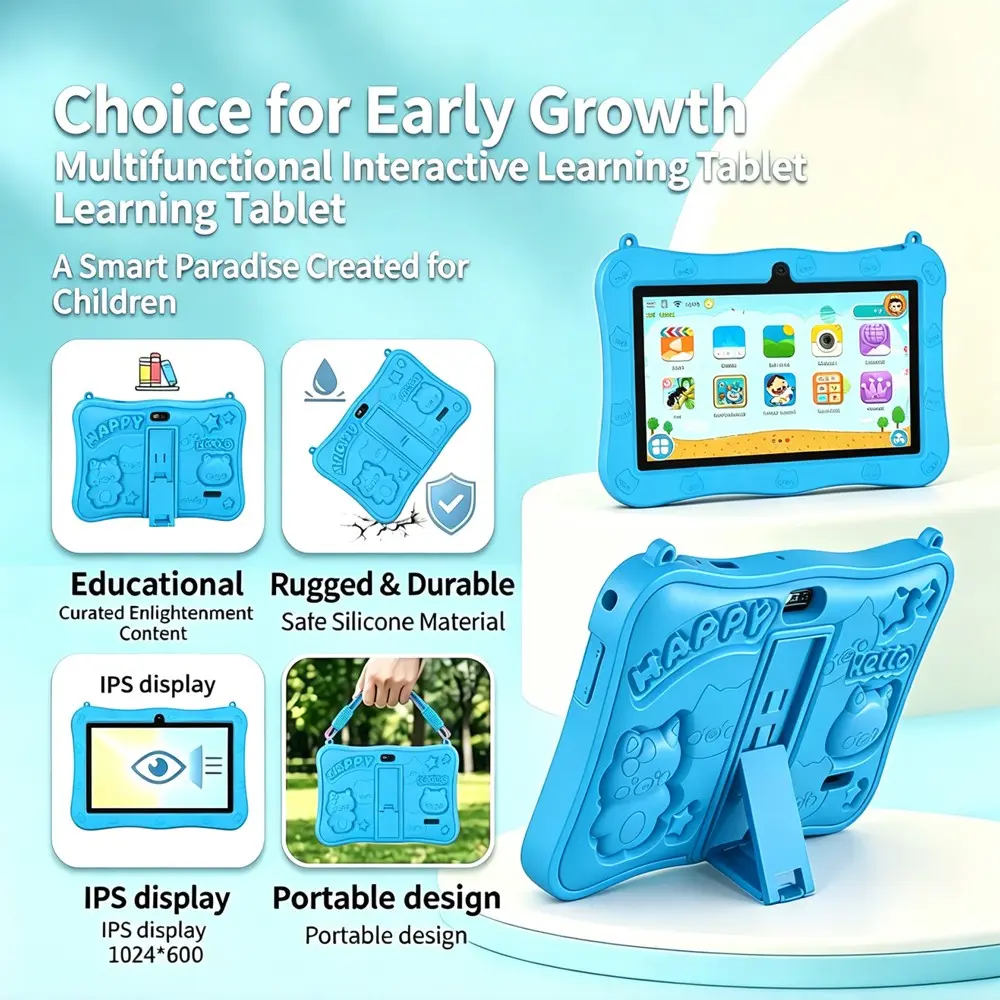 New hanging rope handheld 7-inch children's tablet, Kid tablet, Touchscreen tablet, Android 13 4GB RAM 64GB ROM shock-absorbing silicone protective cover, supports back shell, parents control installation of educational learning software