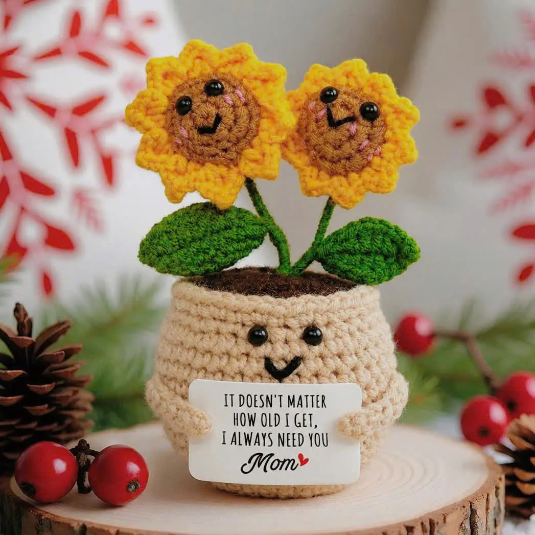 CHRISTMAS GIFT FOR MOM - Mini Handmade Positive Sunflowers Crochet with Message Card - Mother's Day Birthday Gifts for Women Mom, Emotional Support Crochet Sunflower Decor - Combo Christmas Gifts for Mom from Daughter Son