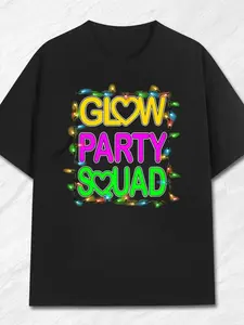 Glow Party Squad Graphic T-Shirt for Adults - Vibrant Neon Glow-in-the-Dark Design, Casual Loose Fit, Premium Quality, Summer Essential for Parties & Events, Glow Party Supplies, Event Apparel, T.jpgSame style for men and women   summer short