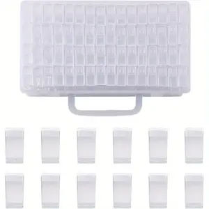 Painting Storage Containers, 64 Grids Acrylic Bead Box with Label Stickers, 5D Diamond Dot Art Case, Embroidery DIY Art Craft Storage Jar for Sewing, Nail, Rhinestone, Seed,Back to School