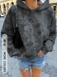 Women's Full Print Hooded Drawstring Sweatshirt with Long Sleeves and Large Pockets, Elegant Branch Pattern, Casual Loose Fit, Spring & Fall Essential