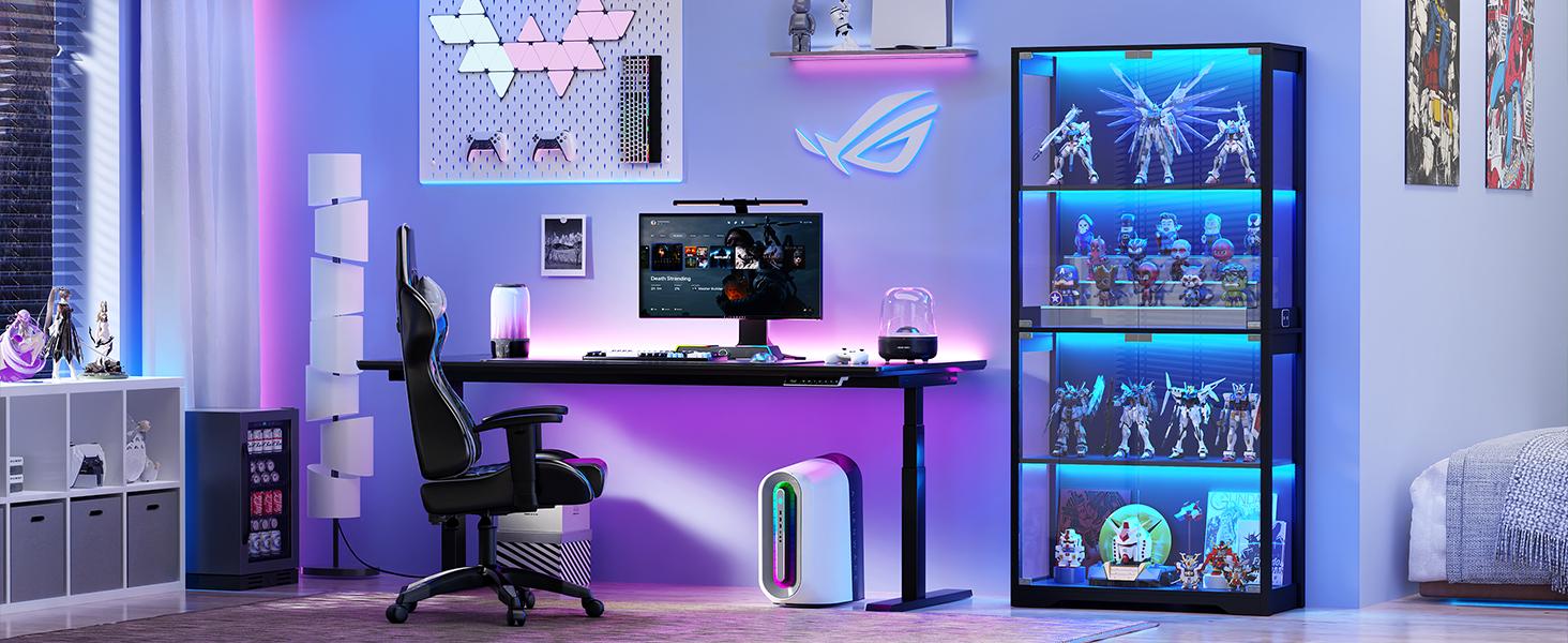 MIIFUNY Display Cabinet with Glass Doors, Storage Cabinet with 3 Color Light, 4-Tier Curio Cabinet&Bookcase for Collectibles, Toys, Books, for Playroom, Bedroom, Study Room, Black