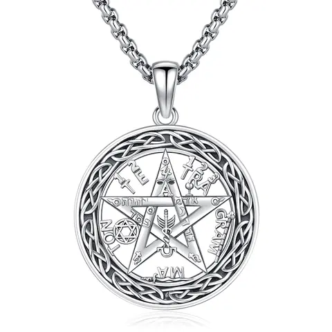DRINSPER 925 Real Silver Circular Detailed Faith Pendant Necklace - Oxidized Celtic Knot YHWH Tetragrammaton Amulet, Unisex Adults' Protection Jewelry Gift with Cleaning Cloth (1 Pendant)