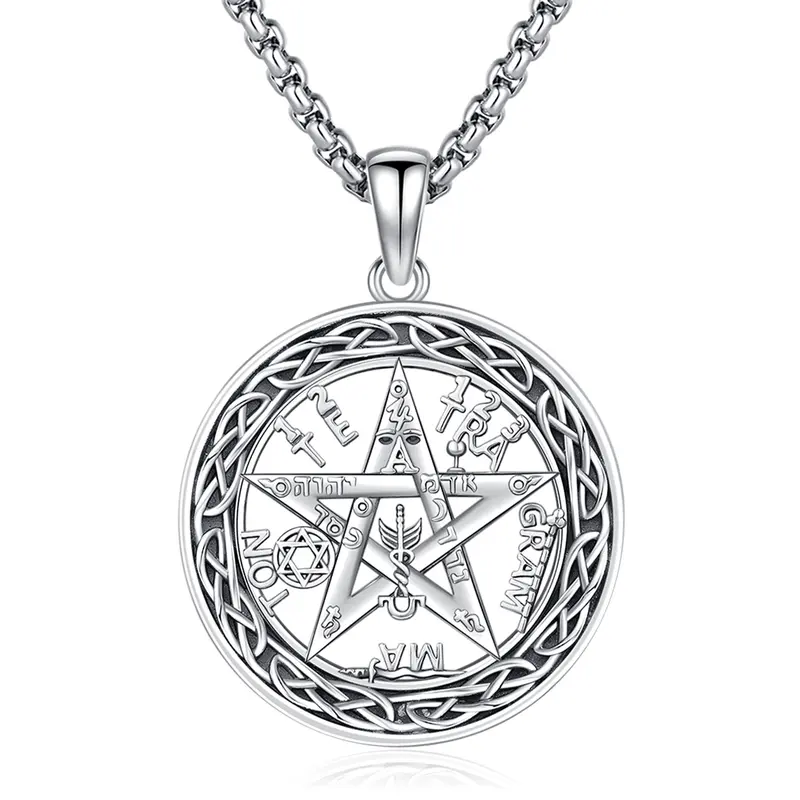 DRINSPER 925 Real Silver Circular Detailed Faith Pendant Necklace - Oxidized Celtic Knot YHWH Tetragrammaton Amulet, Unisex Adults' Protection Jewelry Gift with Cleaning Cloth (1 Pendant)