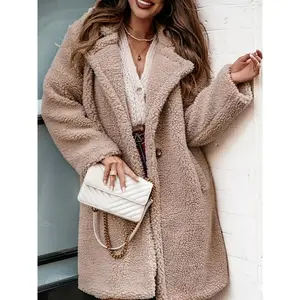 Women's Solid color Teddy Fleece Mid-Length Trench Coat - Oversized Lapel Collar, Plush Texture, Multiple Sizes (S-3XL), Ideal for Fall/Winter Casual & Formal Use, Warm Loose-Fit Outerwear with Pockets