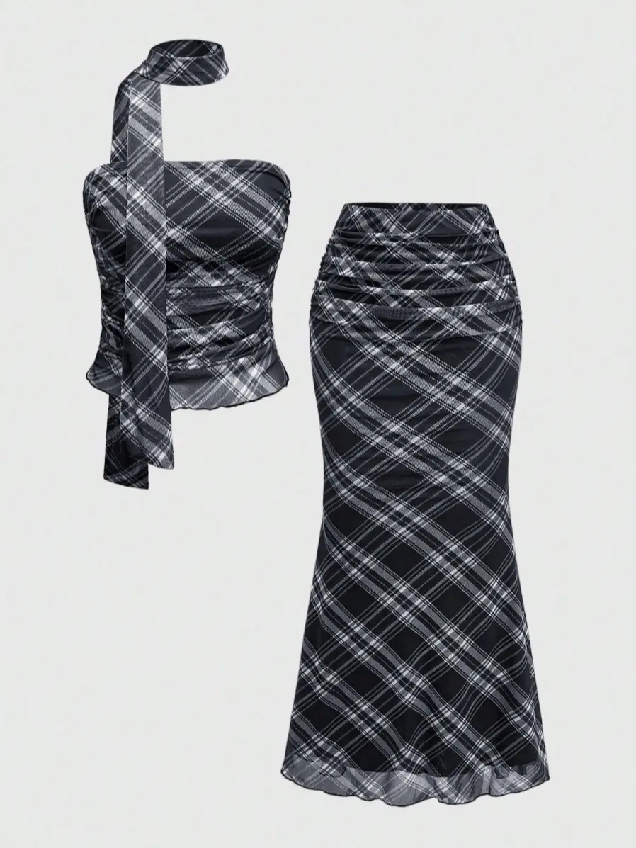Grunge Punk Spring/Summer/Autumn Vacation Plaid Y2K Retro Plaid Scarf Bustier Top And Plaid Low Waist Fishtail Skirt, 2 Pieces Set