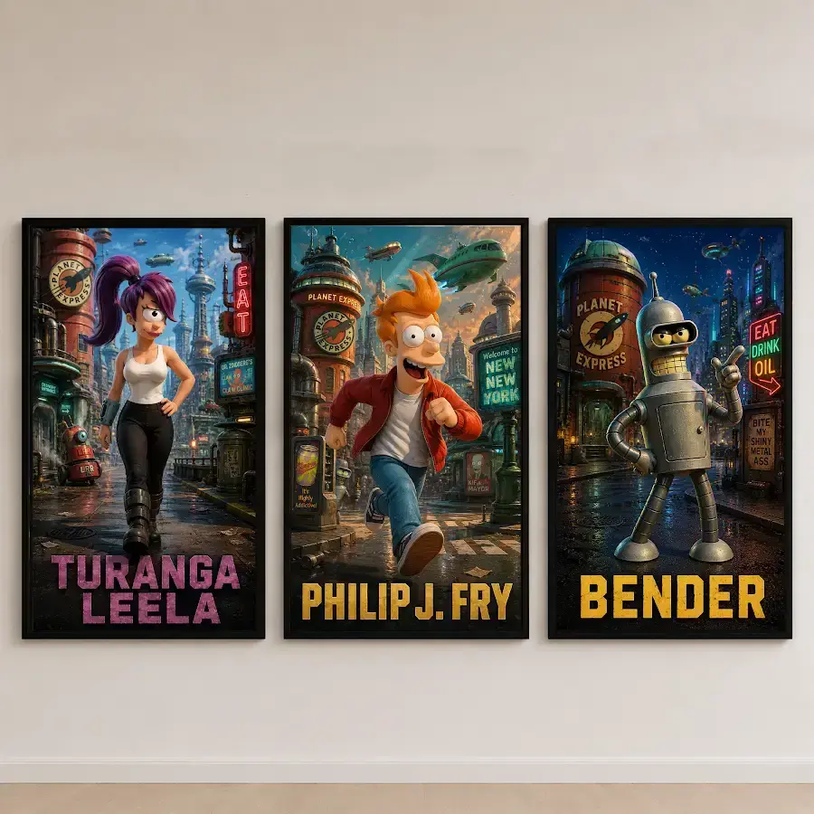 Futurama Bender Fry Leela 3 Panel Wall Art Set, Sci-Fi Comedy Animated Show Wall Decor, Planet Express Poster Prints