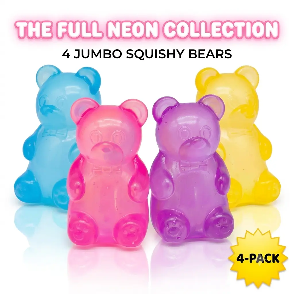 Jumbo Squishy Bear 4 Pack, Slow Rise Sensory Fidget Toy for Kids & Adults, Neon Glow in Sunlight Stress Relief Squishy Set, Super Soft Stretchy ASMR Squishy Stress Ball, Anxiety Relief Desk Toy, Gift Ready Window Box Party Favor Classroom