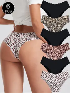 6-Pack Seamless Women's Panties - Ice-Silk Feel (Nylon/Spandex), Breathable, Multiple Animal Prints & Black - All-Day Comfort Fashion for Yoga & Gym