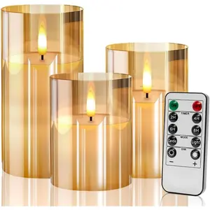 Glass Flameless Candles Flickering with Remote, Timer, Battery Operated Moving Wick Realistic Warm Light Real Wax LED Candles for Party, Wedding, Festival Tabletop Decoration-Set of 3