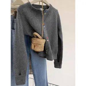 Women's Soft Knit Cardigan with Colorful Buttons, Long Sleeve Round Neck Loose Sweater, Casual Spring/autumn/winter Wear
