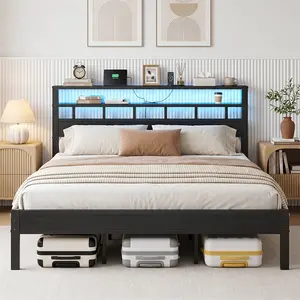 [Dealsforyoudays] DAYAGO LED Bed Frame with Storage Headboard & Charging Station, RGB Lights, Under Bed Storage, Noise Free Platform Bed, No Box Spring Needed