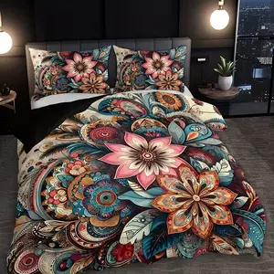 Boho Mandala Floral Decorative Bedding Set, High-Definition Print, Includes 1 Fitted Sheet & 2 Pillowcases, Home Dorm Room Decor, Bedroom Bedding Set