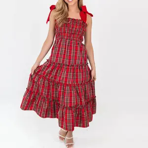 Women's Tie-Shoulder Christmas Plaid Dress Ruffled Trim Smocked Sleeveless Long Dress Gingham Holiday Cocktail Party A-Line Dresses