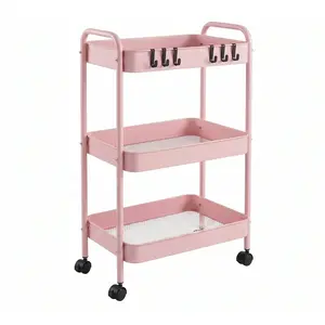 Rolling Cart, Metal Utility Cart with 6 Hooks Storage Cart on Wheels Craft Cart with Handle for Organizer Storage for Classroom Office Dorm Home Pink and white