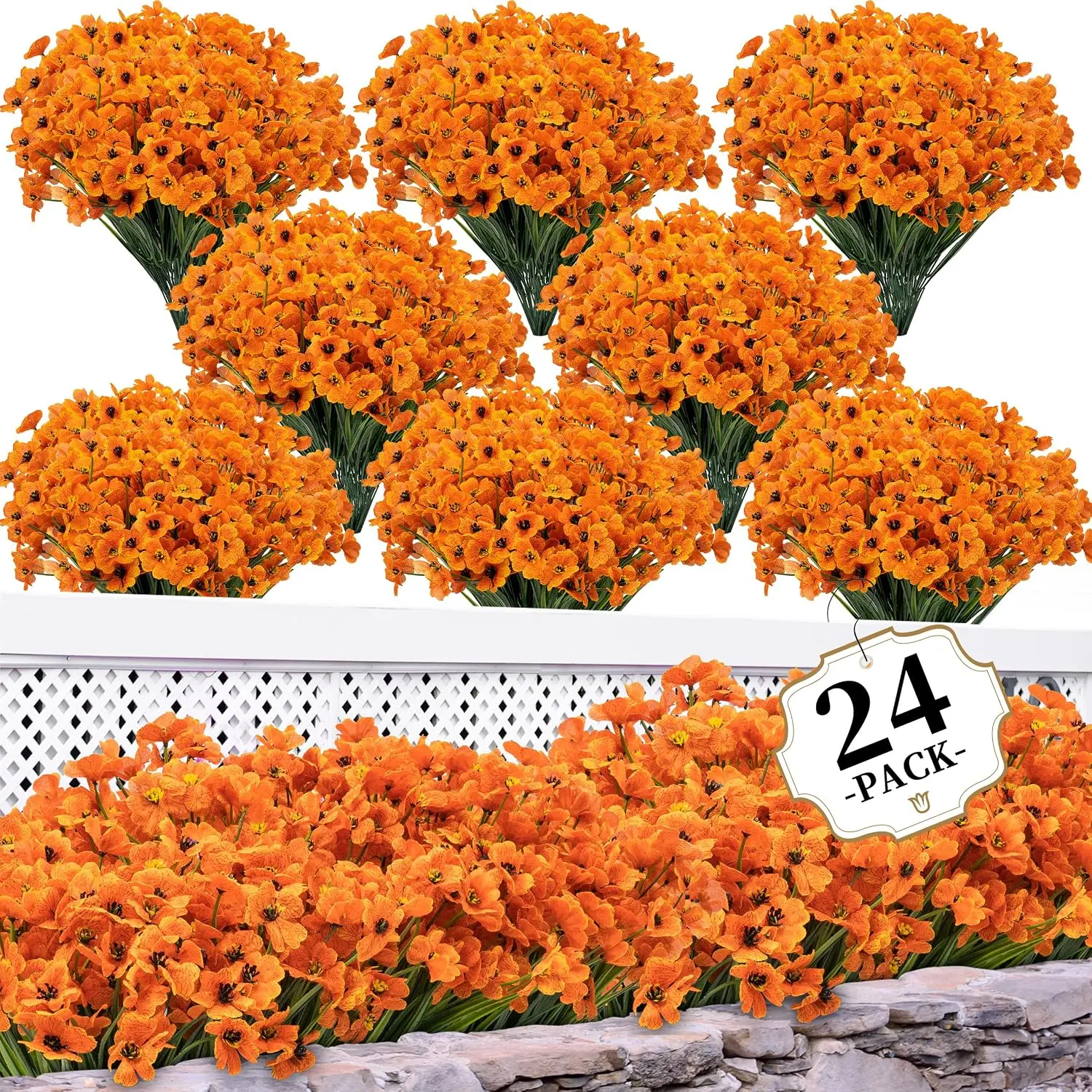 24 Bundles Artificial Mums for Outdoors/Indoors Faux Mums for Outdoor Planters, No Vase,  Fall Flowers Artificial for Decoration Garden Porch Window Box Home Wedding Farmhouse